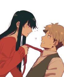 Rule 34 | !?, 1boy, 1girl, black hair, blonde hair, blush, choko egg, collared shirt, commentary request, ear blush, earrings, eye contact, from side, green vest, highres, jewelry, long hair, long sleeves, looking at another, necktie, necktie grab, neckwear grab, open mouth, red eyes, red necktie, red sweater, shirt, short hair, simple background, spy x family, sweater, twilight (spy x family), upper body, vest, white background, white shirt, yor briar