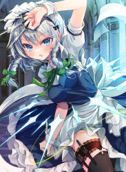 1girl black_thighhighs blue_eyes blush braid breasts commentary_request grey_hair highres holding holding_knife indoors izayoi_sakuya kasane_(cynthia) knife looking_at_viewer maid maid_headdress medium_breasts medium_hair open_mouth short_sleeves side_braids solo thigh_strap thighhighs touhou twin_braids wrist_cuffs