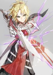 Rule 34 | 1girl, 369minmin, armor, blonde hair, clarent (fate), fate/apocrypha, fate (series), green eyes, looking at viewer, mordred (fate), mordred (fate/apocrypha), ponytail, simple background, smile, solo, sword, weapon, white background