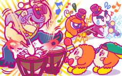Rule 34 | backwards hat, baseball cap, blush stickers, bonkers, bow, bowtie, chilly (kirby), clarinet, drum, drumsticks, gorilla, hat, instrument, kirby (series), microphone, monkey, musical note, nintendo, no humans, official art, purple hair, shaded face, simple background, snowman, top hat, tuxedo, video camera, violin, waddle dee, waddle doo, white background, wince