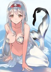 Rule 34 | 1girl, arm support, blush, breasts, brown eyes, closed mouth, collarbone, dated, fins, headband, kantai collection, large breasts, long hair, looking at viewer, mermaid, monster girl, monsterification, partially submerged, red headband, sensen, shell, shell bikini, shoukaku (kancolle), signature, silver hair, sitting, smile, solo, very long hair, water