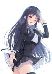 Rule 34 | 1girl, arm at side, arm up, assault lily, black hair, black ribbon, black skirt, black thighhighs, breasts, buttons, clothes lift, commentary request, cowboy shot, cropped jacket, falling petals, frilled skirt, frills, from side, gungun (hakutou7887), hand on own head, high-waist skirt, jewelry, juliet sleeves, long hair, long sleeves, looking at viewer, looking to the side, medium breasts, miniskirt, neck ribbon, one eye closed, parted lips, petals, puffy sleeves, purple eyes, ribbon, ring, school uniform, shirai yuyu, shirt, sidelocks, simple background, skirt, skirt lift, solo, standing, thighhighs, very long hair, white background, white shirt, wind, wind lift, yurigaoka girls academy school uniform