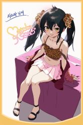 Rule 34 | 1girl, animal print, arm support, black footwear, black hair, blush, border, character signature, collarbone, commentary request, crop top, flat chest, hair between eyes, hair ribbon, highres, idolmaster, idolmaster cinderella girls, idolmaster cinderella girls u149, jacket, jacket partially removed, knees together feet apart, legs, leopard print, long hair, long sleeves, looking at viewer, matoba risa, matobarista, miniskirt, nail polish, navel, pink jacket, pink skirt, pleated skirt, ribbon, sandals, sidelocks, signature, sitting, skirt, smile, solo, stomach, strap slip, thighs, twintails, v-shaped eyebrows, white background, yellow border, yellow eyes
