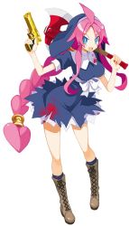 Rule 34 | 1girl, ahoge, axe, blood, blood on clothes, blue eyes, boots, braid, bright pupils, brown footwear, carrying over shoulder, cross-laced footwear, disgaea, disgaea rpg, full body, gun, habit, hair rings, handgun, holding, holding axe, holding gun, holding weapon, knee boots, long hair, nun, official art, open mouth, pink hair, short sleeves, sidelocks, simple background, single braid, solo, torn clothes, very long hair, vulcanus (disgaea 4), weapon, white background