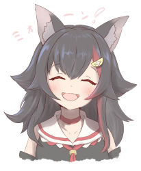 Rule 34 | 1girl, :d, ^ ^, absurdres, animal ear fluff, animal ears, black hair, black shirt, blush, choker, closed eyes, collarbone, cropped torso, facing viewer, female focus, hair between eyes, hair ornament, highres, hilamaru, hololive, long hair, multicolored hair, ookami mio, ookami mio (1st costume), open mouth, red choker, red hair, red neckwear, sailor collar, shirt, simple background, sleeveless, sleeveless shirt, smile, solo, streaked hair, translation request, upper body, virtual youtuber, white background, white sailor collar, wolf ears