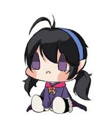 Rule 34 | 1girl, arms between legs, black cape, black hair, blue hairband, blue robe, blush stickers, brown dust 2, cape, chibi, crying, crying with eyes open, elf, frown, full body, hairband, highres, loen (brown dust 2), looking ahead, open mouth, pointy ears, purple eyes, rainmiaoyin, robe, simple background, sitting, solid oval eyes, solo, tears, twintails, white background