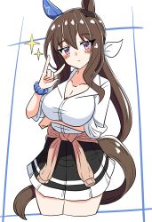 Rule 34 | 1girl, \m/, absurdres, admire vega (umamusume), akkunz, animal ears, arm under breasts, black skirt, blush stickers, border, breasts, brown hair, cleavage, closed mouth, commentary request, cowboy shot, ear covers, hair between eyes, highres, horse ears, horse girl, horse tail, large breasts, long sleeves, looking at viewer, pleated skirt, purple eyes, simple background, single ear cover, skirt, solo, sparkle, tail, umamusume, white background