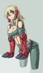 Rule 34 | 1girl, android, arinko (ant-lion), blonde hair, breasts, cleavage, expressionless, female focus, highres, leaning forward, long hair, looking at viewer, medium breasts, midriff, original, red eyes, robot ears, solo, standing