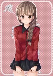 Rule 34 | 10s, 1girl, black bow, black skirt, bow, braid, brown eyes, brown hair, commentary request, cowboy shot, epaulettes, frown, girls und panzer, hair bow, hair ornament, hair over shoulder, hair tie, hairclip, jacket, long hair, long sleeves, looking at viewer, military, military uniform, miniskirt, pleated skirt, polka dot, polka dot background, red jacket, rukuriri (girls und panzer), single braid, skirt, skirt tug, solo, spoken squiggle, squiggle, st. gloriana&#039;s military uniform, standing, trembling, uniform, yunagi (arukumaruta)