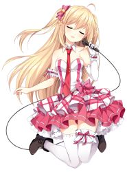 Rule 34 | 1girl, :d, ahoge, arm garter, bare shoulders, blonde hair, blush, boots, bow, breasts, brown footwear, collar, commentary request, copyright request, detached collar, eighth note, elbow gloves, facing viewer, full body, gloves, hair between eyes, hair bow, hand up, head tilt, holding, holding microphone, loading (verjuice), long hair, medium breasts, microphone, musical note, necktie, one side up, open mouth, pink bow, pleated skirt, red necktie, red skirt, shirt, simple background, single elbow glove, skirt, smile, solo, strapless, striped, striped bow, thighhighs, transparent background, very long hair, white background, white collar, white gloves, white shirt, white thighhighs