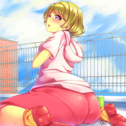 Rule 34 | 10s, 1girl, ass, blonde hair, blush, breasts, from behind, gatchu, highres, hood, hoodie, koizumi hanayo, looking at viewer, looking back, love live!, love live! school idol festival, love live! school idol project, open mouth, pantylines, purple eyes, shiny clothes, shiny skin, shoes, short hair, sitting, sneakers, solo, spandex, sweat, wariza