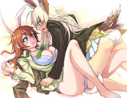 Rule 34 | 2girls, animal ears, ass, blonde hair, blue eyes, blush, bra, breasts, butt crack, charlotte e. yeager, hanna-justina marseille, head wings, large breasts, michairu, military, military uniform, multiple girls, open clothes, open mouth, open shirt, orange hair, panties, rabbit ears, rabbit girl, revision, shirt, skirt, strike witches, sweat, tail, underwear, uniform, wings, witches of africa, world witches series, yuri