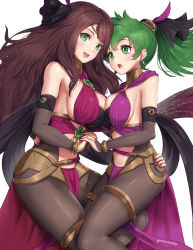 Rule 34 | 2girls, :o, absurdres, alternate costume, breast press, breasts, brown hair, cleavage, dancer, dorothea arnault, earrings, fire emblem, fire emblem: genealogy of the holy war, fire emblem: three houses, fire emblem heroes, gonzarez, green eyes, green hair, hair ornament, highres, holding hands, jewelry, large breasts, lene (fire emblem), loincloth, long hair, multiple girls, nail polish, navel, nintendo, official alternate costume, open mouth, pantyhose, ponytail, sideboob, skin tight, smile, stomach, white background