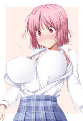 Rule 34 | !?, 1girl, alternate costume, blue skirt, blush, bouncing breasts, breasts, bursting breasts, camisole, collarbone, collared shirt, commentary request, highres, large breasts, long sleeves, no headwear, nori tamago, pink hair, plaid, plaid skirt, popped button, puffy sleeves, red eyes, saigyouji yuyuko, shirt, short hair, skirt, solo, surprised, touhou, white camisole, white shirt