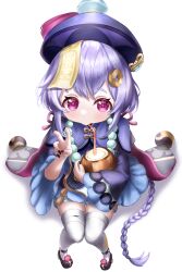 Rule 34 | 1girl, absurdres, bead necklace, beads, black nails, blue skirt, blush, braid, braided ponytail, cape, coconut, coconut cup, coin hair ornament, commentary request, double-parted bangs, drinking straw, full body, genshin impact, hair ornament, hand up, hat, highres, jewelry, jiangshi, kuma piv, long hair, long sleeves, looking at viewer, necklace, ofuda, ofuda on clothes, ofuda on head, pink eyes, pleated skirt, purple hair, purple hat, qingdai guanmao, qiqi (genshin impact), sidelocks, skirt, solo, talisman, thighhighs, v, white background, white thighhighs, zettai ryouiki
