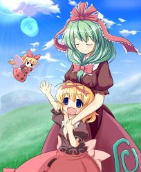 Rule 34 | 3girls, blonde hair, blue eyes, blush, bow, breast rest, breasts, day, doll, dress, female focus, flower, flying, grass, green hair, hair bow, hair ribbon, hand up, highres, hill, hug, hug from behind, kagiyama hina, large breasts, medicine melancholy, multiple girls, nullpooo, ribbon, sky, smile, su-san, the iron of yin and yang, touhou