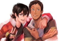 Rule 34 | 2boys, arm around shoulder, black gloves, black hair, blue eyes, brown hair, crossed arms, dark-skinned male, dark skin, fingerless gloves, gloves, grey eyes, grin, hyakujuu-ou golion, jacket, keith (voltron), lance (voltron), magatsumagic, male focus, multiple boys, open clothes, open jacket, open mouth, parted lips, pointing, realistic, sanpaku, short hair, smile, v, voltron: legendary defender, voltron (series)