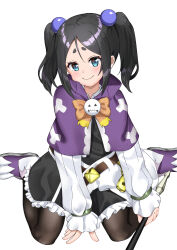 Rule 34 | 1girl, absurdres, aqua eyes, beads, between legs, black dress, black pantyhose, bow, capelet, dress, futoku no guild, hair beads, hair ornament, hand between legs, highres, holding, holding staff, long sleeves, looking at viewer, orange bow, pantyhose, purple capelet, purple footwear, shimizu keitaro, shoes, sidelocks, simple background, sitting, smile, solo, staff, thick eyebrows, tokishikko dana, twintails, wariza, white background