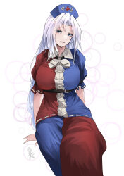 Rule 34 | 1girl, absurdres, arm support, artist name, breasts, chest belt, colored skin, grey hair, hat, highres, invisible chair, large breasts, light smile, long hair, looking at viewer, multicolored skin, nurse cap, puffy short sleeves, puffy sleeves, short sleeves, sitting, solo, touhou, two-tone shirt, two-tone skin, very long hair, yagokoro eirin, yagoro kusuriya