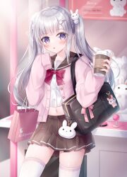Rule 34 | 1girl, :o, bag, blush, bow, brown sailor collar, brown skirt, cardigan, coffee cup, commentary request, crop top, cup, disposable cup, grey hair, hair ornament, hairclip, highres, holding, holding cup, kohinata hoshimi, long hair, looking at viewer, midriff, navel, open cardigan, open clothes, original, parted lips, pink cardigan, pleated skirt, purple eyes, rabbit hair ornament, red bow, sailor collar, school bag, school uniform, serafuku, shirt, skindentation, skirt, sleeves past fingers, sleeves past wrists, solo, stuffed animal, stuffed rabbit, stuffed toy, thighhighs, twintails, very long hair, white shirt, white thighhighs