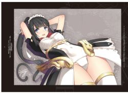 Rule 34 | 1girl, absurdres, arms behind head, arms up, artist name, black hair, blue eyes, breasts, cat tail, gold trim, grey background, guilty princess, highres, leotard, long hair, looking at viewer, maid, medium breasts, non-web source, open mouth, ponytail, puffy short sleeves, puffy sleeves, scan, short sleeves, signature, simple background, smile, solo, tail, thighhighs, thighs, tony taka, white background, white thighhighs, wrist cuffs