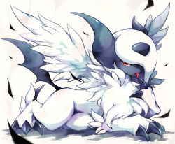 Rule 34 | absol, claws, commentary request, creatures (company), full body, game freak, gen 3 pokemon, kuronekotarou, looking at viewer, lying, mega absol, mega pokemon, nintendo, no humans, pokemon, pokemon (creature), red eyes, solo, tail, tongue, tongue out, white fur
