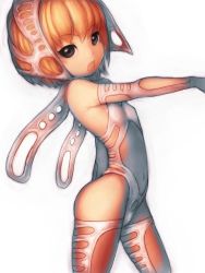 Rule 34 | 1girl, :o, armpits, bare shoulders, black eyes, bodysuit, cape, elbow gloves, flat chest, from side, fumio (rsqkr), gloves, groin, hood, leaning back, leotard, looking at viewer, navel, open mouth, orange hair, outstretched arm, revealing clothes, short hair, simple background, solo, thighhighs, white background