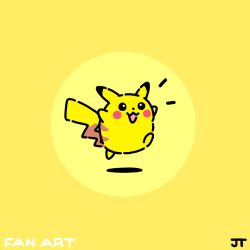 Rule 34 | :d, black eyes, bright pupils, commentary, creatures (company), full body, game freak, gen 1 pokemon, highres, james turner, nintendo, no humans, notice lines, open mouth, pikachu, pokemon, pokemon (creature), signature, smile, solo, white pupils, yellow background