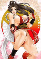 Rule 34 | 1girl, breasts, fatal fury, folded fan, folding fan, hand fan, highres, large breasts, pelvic curtain, ponytail, shiranui mai, smile, solo, thighs