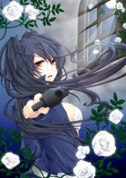 Rule 34 | 1girl, aiming, aiming at viewer, bad id, bad pixiv id, black hair, bra, breasts, character request, desert eagle, female focus, flower, gun, handgun, highres, lingerie, long hair, looking back, medium breasts, moon, moonlight, open clothes, open shirt, original, pistol, plant, red eyes, rico (fbn3), rose, shirt, sideboob, solo, source request, twintails, underwear, vines, weapon, white flower, white rose, wind, wind lift, window