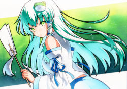 Rule 34 | 1girl, aqua hair, bad id, bad twitter id, blue ribbon, blue skirt, blush, cowboy shot, detached sleeves, floating hair, frog hair ornament, from side, gohei, green eyes, green hair, hair ornament, hair tubes, highres, holding, kochiya sanae, leaning forward, long hair, looking at viewer, looking to the side, overexposure, parted lips, qqqrinkappp, ribbon, shirt, single hair tube, skirt, sleeve garter, sleeveless, sleeveless shirt, snake hair ornament, solo, touhou, traditional media, white shirt