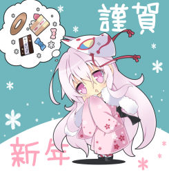 Rule 34 | 1girl, chibi, drooling, fox mask, hata no kokoro, head tilt, japanese clothes, kimono, long hair, looking at viewer, mask, mask on head, milkpanda, pink eyes, pink hair, solo, touhou, translation request, triangle mouth, very long hair