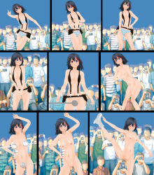Rule 34 | 3d, absurdres, audience, camera, covering breasts, covering privates, crowd, embarrassed, exhibitionism, highres, humiliation, kill la kill, matoi ryuuko, multiple views, nude, nudist beach uniform, photographic proof, public indecency, underwear, undressing