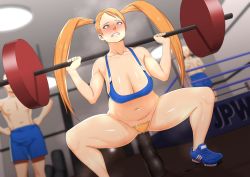 Rule 34 | anal, anal object insertion, ass juice, barbell, blush, bottomless, capcom, censored, clenched teeth, dildo, exercising, gym, mosaic censoring, object insertion, onlookers, pubic hair, public indecency, rainbow mika, sex toy, shiory, sports bra, squatting, street fighter, teeth, weightlifting