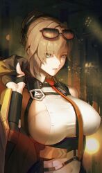 Rule 34 | 1girl, absurdres, bare shoulders, black coat, black gloves, blue eyes, breasts, bridget (punishing: gray raven), brown hair, chest harness, chinese commentary, chun plus, coat, collared shirt, commentary, covered navel, eyewear on head, gauntlets, gloves, hair bun, harness, highres, holding, holding clothes, holding coat, large breasts, light particles, looking at viewer, necktie, orange-tinted eyewear, orange necktie, partially fingerless gloves, punishing: gray raven, shirt, sideless shirt, single hair bun, sleeveless, sleeveless shirt, solo, sunglasses, tinted eyewear, updo, upper body, white shirt