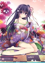 Rule 34 | 1girl, absurdres, barefoot, blush, breasts, checkered floor, cleavage, closed mouth, floral background, floral print, flower, frilled kimono, frills, full body, gradient background, hair between eyes, hair bun, highres, japanese clothes, kimono, large breasts, long hair, looking at viewer, nanaroba hana, original, purple eyes, purple hair, purple kimono, scan, single hair bun, sitting, smile, solo, tareme, thighs, wide sleeves, yokozuwari