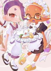Rule 34 | 1boy, 2girls, apron, big man (splatoon), black dress, blonde hair, cake, chef hat, closed mouth, colored eyelashes, commentary request, custard, dark-skinned female, dark skin, dress, eyelashes, fangs, flip-flops, food, frye (splatoon), glint, gradient hair, hachimaki, hair over one eye, hat, headband, highres, holding, holding plate, holding spatula, inkling, long hair, long pointy ears, looking at viewer, maid apron, maid headdress, medium hair, merute spla, mochi, multicolored hair, multiple girls, nejiri hachimaki, nintendo, octoling, open mouth, plate, pointy ears, puffy sleeves, purple hair, red bean paste, red eyes, sandals, shiver (splatoon), slippers, smile, socks, sparkle, spatula, splatoon (series), splatoon 3, star-shaped pupils, star (symbol), strawberry shortcake, symbol-shaped pupils, teeth, tentacle hair, thick eyebrows, two-tone hair, whipped cream, white socks, yellow eyes