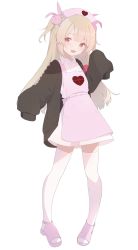 Rule 34 | 1girl, :d, apron, black jacket, brown eyes, collared shirt, dress shirt, full body, hair ornament, hat, highres, jacket, light brown hair, long hair, long sleeves, looking at viewer, natori sana, nurse cap, open clothes, open jacket, open mouth, pink apron, pink footwear, pink hat, rabbit hair ornament, sana channel, sandals, shirt, shiwa (siwaa0419), simple background, skirt, sleeves past fingers, sleeves past wrists, smile, solo, standing, thighhighs, two side up, very long hair, virtual youtuber, white background, white shirt, white skirt, white thighhighs