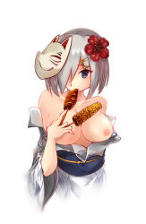 Rule 34 | 10s, 1girl, akiryou, breasts, corn, eating, flower, fox mask, hair flower, hair ornament, hair over one eye, hamakaze (kancolle), hibiscus, ikayaki, japanese clothes, kantai collection, kimono, mask, nipples, open clothes, simple background, solo, squid, yukata