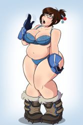 Rule 34 | 1girl, belly, bra, breasts, brown eyes, brown hair, cleavage, fat, full body, glasses, large breasts, mei (overwatch), navel, open mouth, overwatch, overwatch 1, panties, plump, solo, standing, sweat, tagme, thick thighs, thighs, underwear