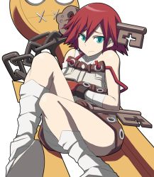 Rule 34 | 1girl, a.b.a, aka (s3637), bandaged arm, bandages, bare shoulders, black gloves, blue eyes, chain, frown, gloves, guilty gear, guilty gear xx, key, key in head, object through head, paracelsus (guilty gear), red hair, short hair, simple background, sitting, solo, white background
