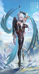 Rule 34 | 1girl, black thighhighs, blue eyes, bodystocking, braid, breast curtains, breasts, bridal gauntlets, chinese knot, cloud, feathers, feet, fingerless gloves, genshin impact, gloves, gold trim, hair ornament, high heels, holding, holding leg, holding polearm, holding weapon, large breasts, leg up, long hair, low-braided long hair, low-tied long hair, nail polish, navel, pearl thong, polearm, pussy, red tassel, see-through, shenhe (genshin impact), shoes, single shoe, sky, solo, thighhighs, thighhighs over bodystocking, toeless legwear, tsuki no i-min, very long hair, vision (genshin impact), watermark, weapon, white hair