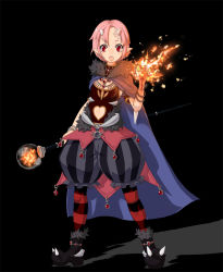 Rule 34 | :o, bad id, bad pixiv id, baggy pants, cape, demon girl, horns, magic, oni, original, pants, pink hair, pointy ears, pumpkin pants, red eyes, rothe, scar, short hair, solo, staff, striped clothes, striped thighhighs, thighhighs, weapon, witch