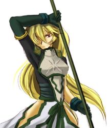 Rule 34 | .hack//, .hack//games, 1girl, armor, bandai, black gloves, breastplate, cyber connect 2, elbow gloves, gardenia, gardenia (.hack//), gloves, holding, holding weapon, long hair, looking at viewer, lowres, polearm, red eyes, simple background, solo, very long hair, weapon, white background
