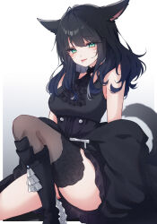 Rule 34 | 1girl, :p, absurdres, animal ears, ascot, black ascot, black dress, black hair, black panties, black thighhighs, boots, breasts, cat ears, cat tail, dress, female focus, final fantasy, final fantasy xiv, goth fashion, gradient background, green eyes, grey background, highres, long hair, looking at viewer, medium breasts, miqo&#039;te, panties, pantyshot, sana (sanamaru 0w0), single thighhigh, sleeveless, sleeveless dress, slit pupils, solo, tail, thighhighs, tongue, tongue out, underwear, warrior of light (ff14), white background