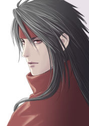 Rule 34 | 1boy, black hair, cloak, close-up, closed mouth, expressionless, final fantasy, final fantasy vii, hair between eyes, hair over shoulder, headband, high collar, highres, long hair, male focus, pale skin, portrait, red cloak, red eyes, red headband, sd supa, solo, vincent valentine, white background