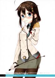 Rule 34 | 1girl, absurdres, ahoge, black hair, blue eyes, braid, brown hair, buttons, closed mouth, cosplay, epaulettes, finger to mouth, glasses, gloves, hair flaps, hair ornament, hair over shoulder, hair ribbon, highres, holding, kantai collection, katori (kancolle), katori (kancolle) (cosplay), long hair, long sleeves, military, military uniform, miniskirt, naoto (tulip), necktie, page number, pantyhose, pointer, remodel (kantai collection), ribbon, riding crop, scan, shigure (kancolle), shushing, simple background, single braid, skirt, solo, uniform, white background, white gloves