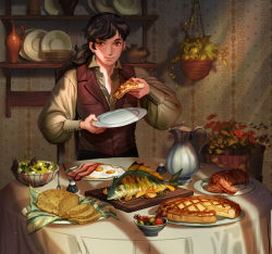 Rule 34 | 1boy, absurdres, bacon, black hair, bread slice, breakfast, brown eyes, character request, copyright request, dishes, egg (food), fish, food, fried egg, ham, highres, holding, holding food, looking at viewer, olive, pie, plant, ponytail, potted plant, salad, salt shaker, silverheather, smile, solo, toast