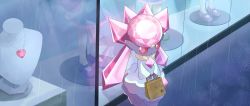 Rule 34 | 1girl, animal ears, bag, black skin, colored sclera, colored skin, creatures (company), diancie, display, female focus, flat chest, game freak, gem, gen 6 pokemon, heart, heart necklace, highres, holding, holding bag, legendary pokemon, long hair, looking back, mannequin, mythical pokemon, necklace, nintendo, open mouth, outdoors, paper bag, pink eyes, pink gemstone, pink hair, pokemon, pokemon (creature), rain, red gemstone, red sclera, reflection, seki (seki), shopping bag, solo, twintails