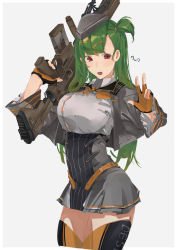 Rule 34 | 1girl, artist name, blush, breasts, cropped legs, dress, fingerless gloves, g28 (girls&#039; frontline), girls&#039; frontline, gloves, green hair, grey dress, grey hat, gun, h&amp;k g28, hair ornament, hairclip, hat, highres, holding, holding gun, holding weapon, large breasts, long hair, looking at viewer, military, military hat, military uniform, open mouth, orange gloves, orange thighhighs, over shoulder, red eyes, side ponytail, solo, standing, sutekina awa, teeth, thighhighs, uniform, upper teeth only, v, weapon, weapon over shoulder, white background